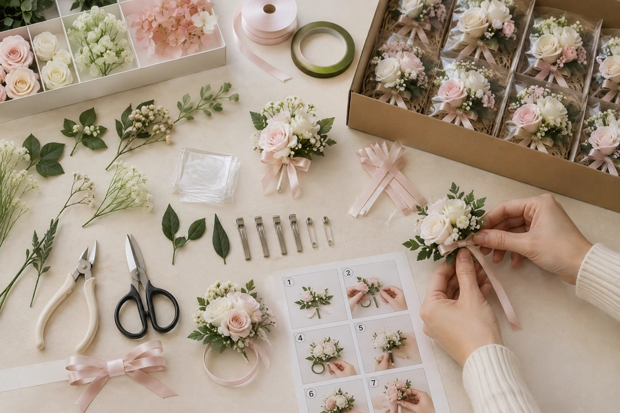 DIY Wedding Corsage Sets DIY artificial flower corsage sets for bulk-friendly wedding arrangements