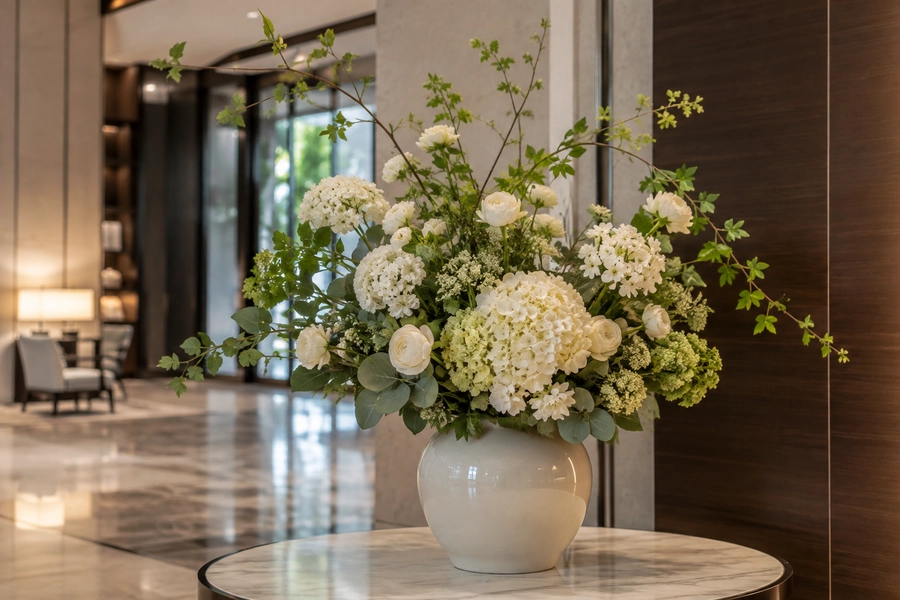 Fake flowers arranged in vases using stunning formulas for hotels and stores