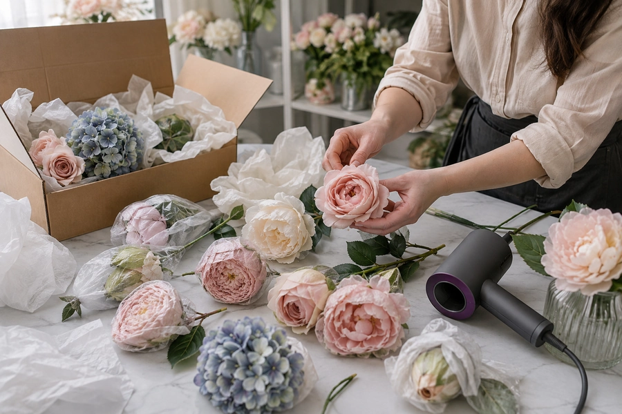 Squashed artificial flowers restored using proven tricks for crushed stems