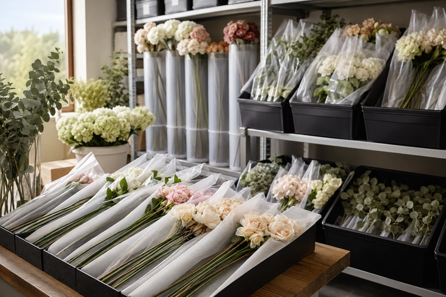 Long stem artificial flowers stored safely to prevent bends crush and dust