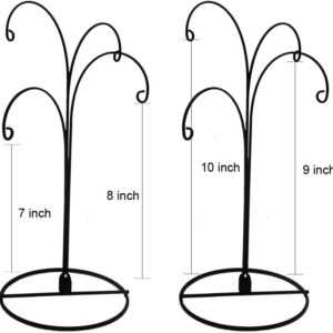 4 arm metal ornament display stand holding red Christmas baubles on each hook