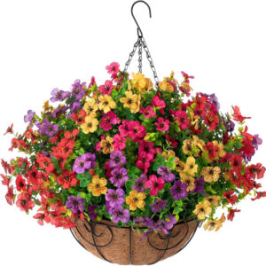 Multicolor artificial hanging basket flowers with green foliage, coco liner wire basket and chain hanger, wholesale indoor decor