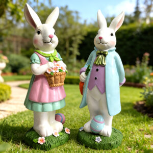 Easter rabbit ornament set (Mr & Mrs) Art Deco resin figurines for spring indoor home decor in garden scene