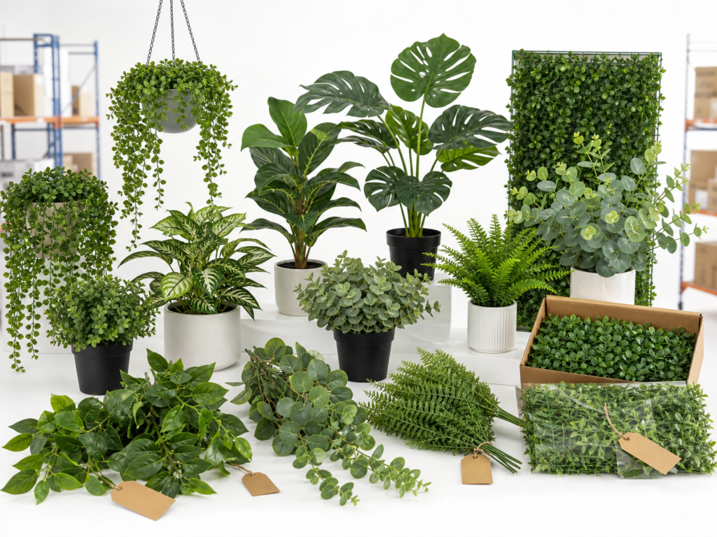 Wholesale artificial potted plants, hanging vines, and faux greenery for bulk orders