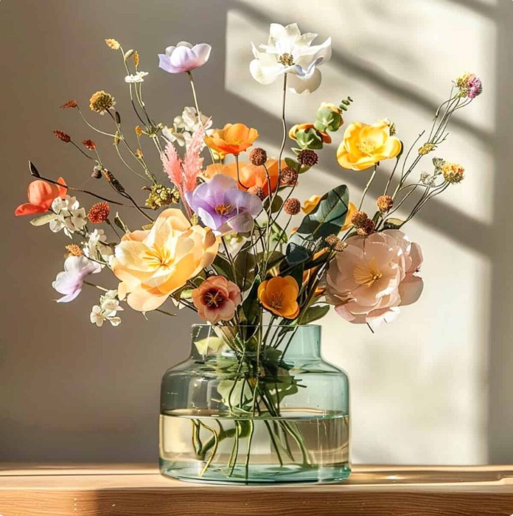 cheap artificial flowers with shiny petals and plastic leaves