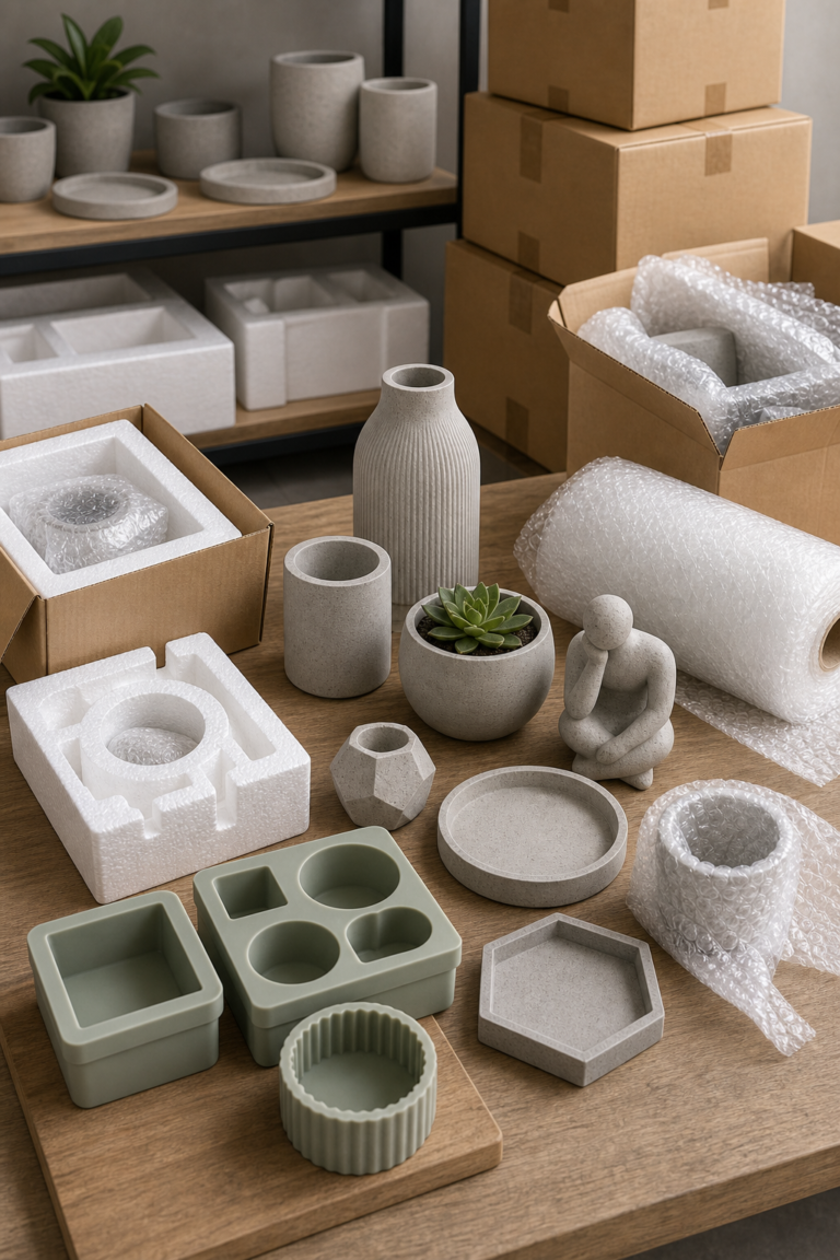 Concrete ornaments with silicone molds, bubble wrap, and polystyrene foam packaging