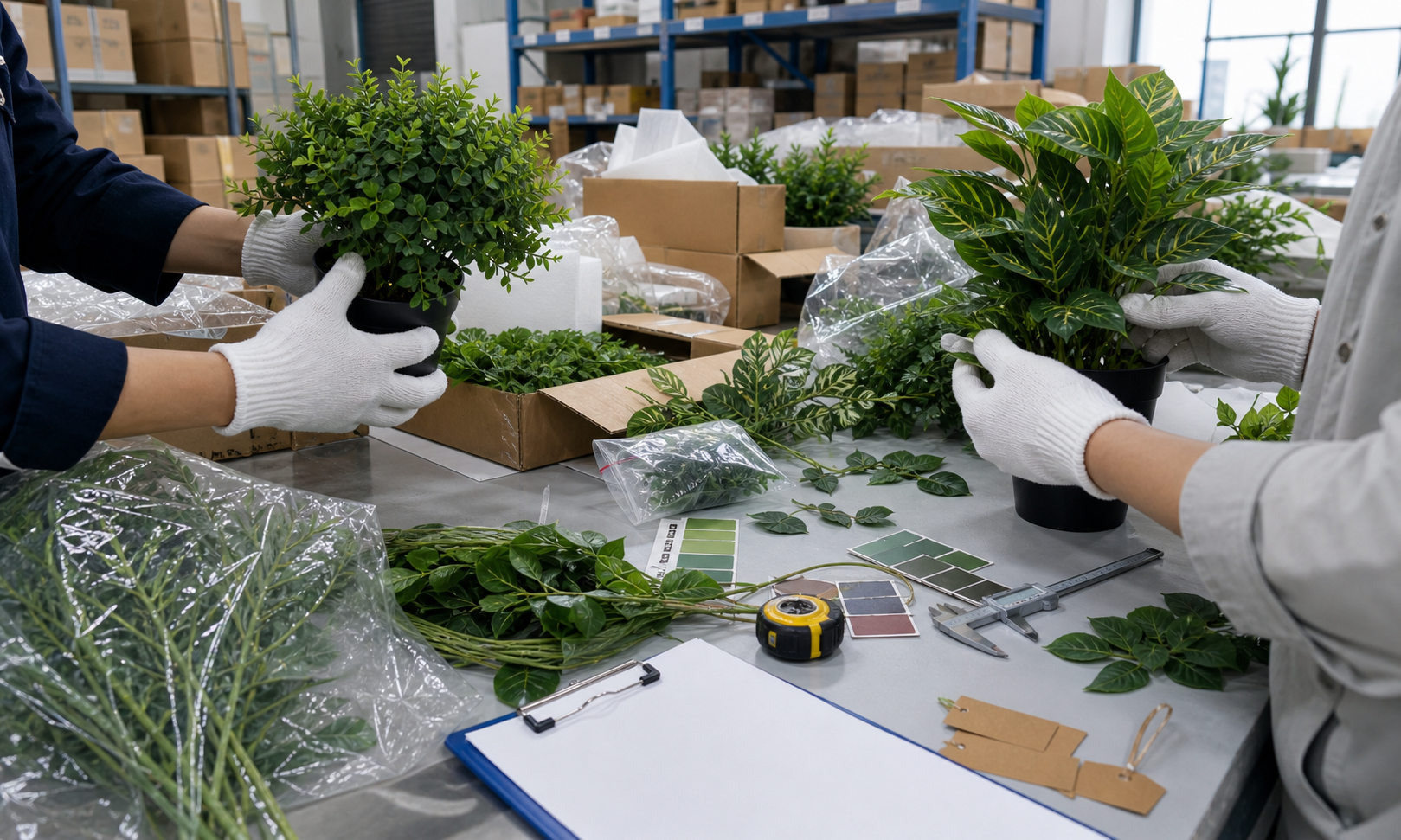 Wholesale artificial plants catalog sample checking with custom labels and export packaging