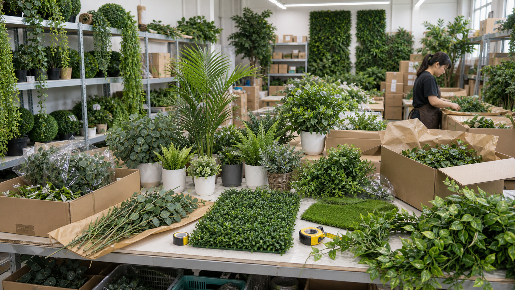 Artificial greenery product samples, packing materials, and cartons in a wholesale supplier workshop