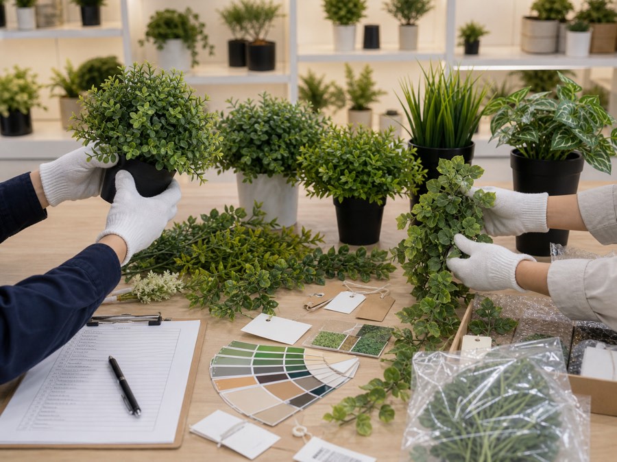 Artificial plant sample confirmation for leaf type color tone fullness and pot style
