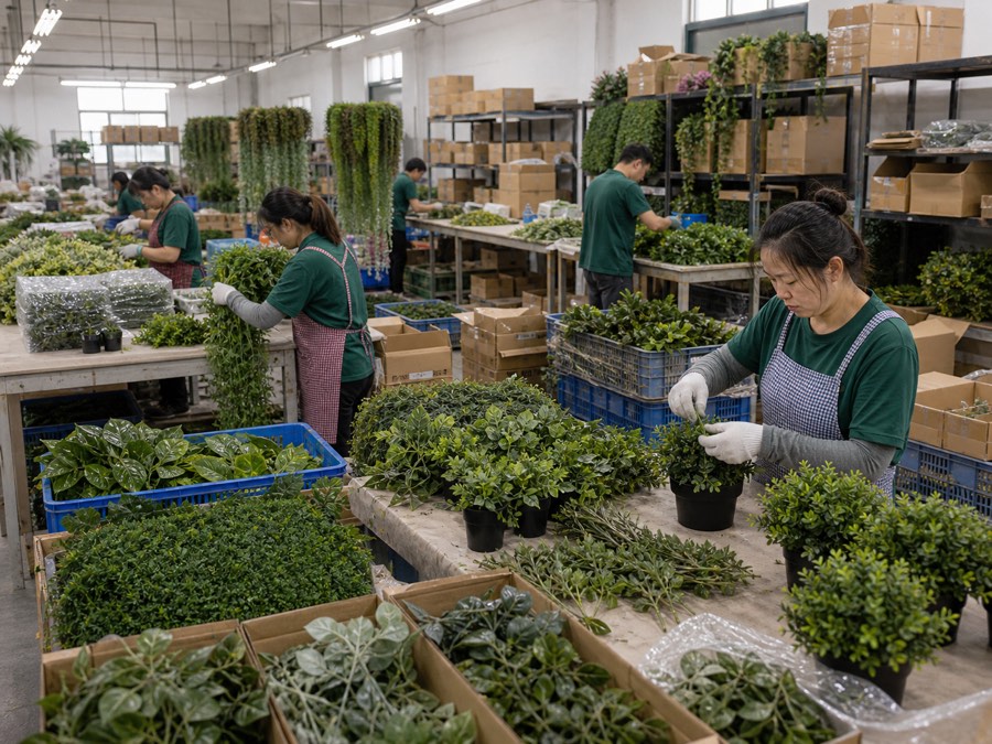 Faux greenery bulk production for wholesale artificial potted plants and green wall panels