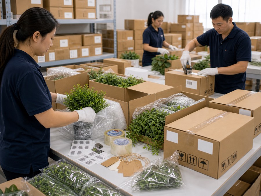 Artificial plants packing and labeling with carton marks barcode stickers and hang tags