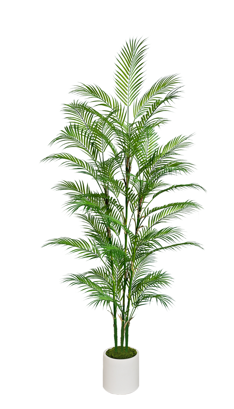 tall artificial tropical tree in a white planter, front view