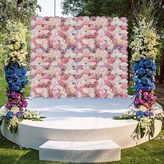 artificial flower wall backdrop construction with flowers backing and panel connectors