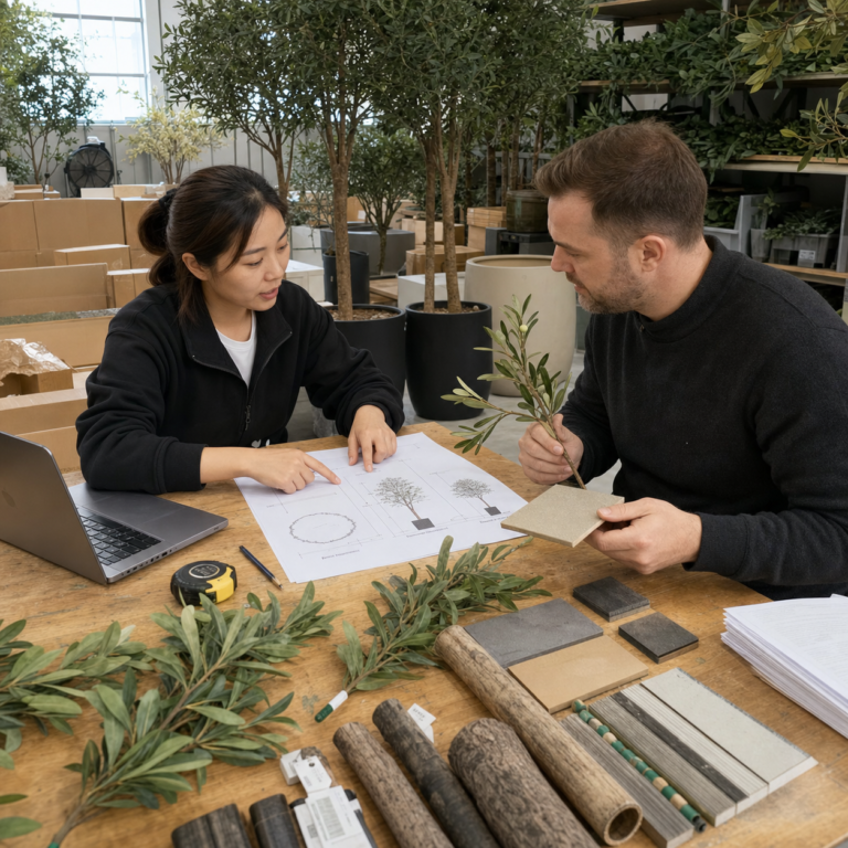 Artificial tree designer discussing project requirements with an international buyer