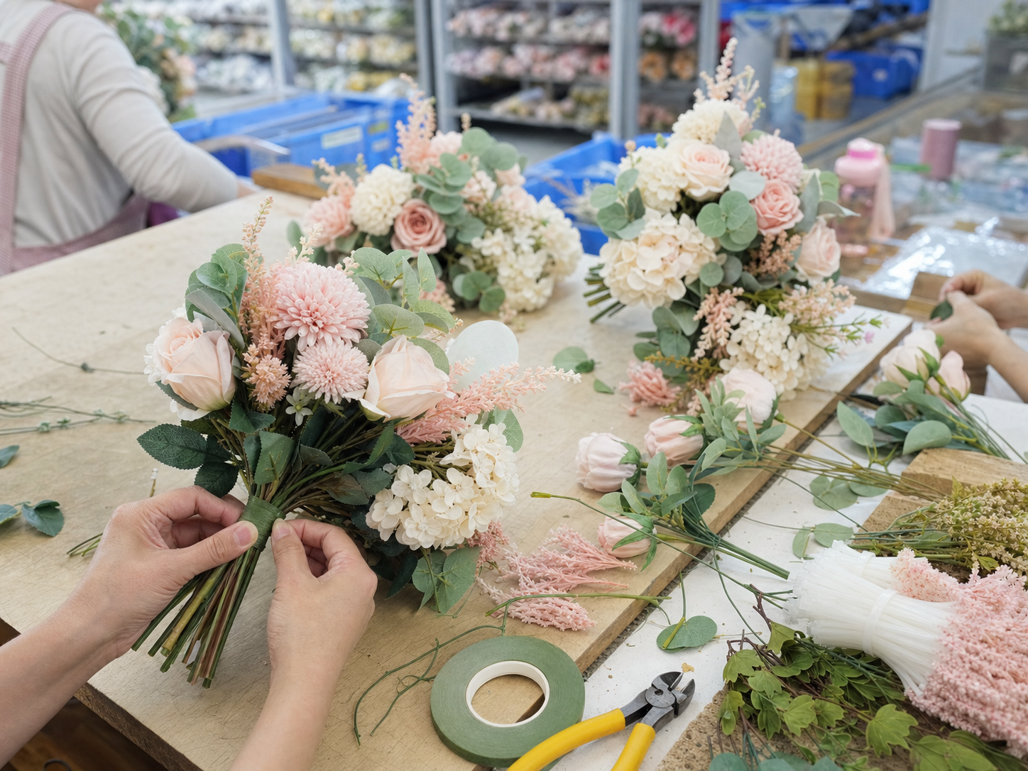 Artificial flower bouquets being assembled in bulk according to approved specifications