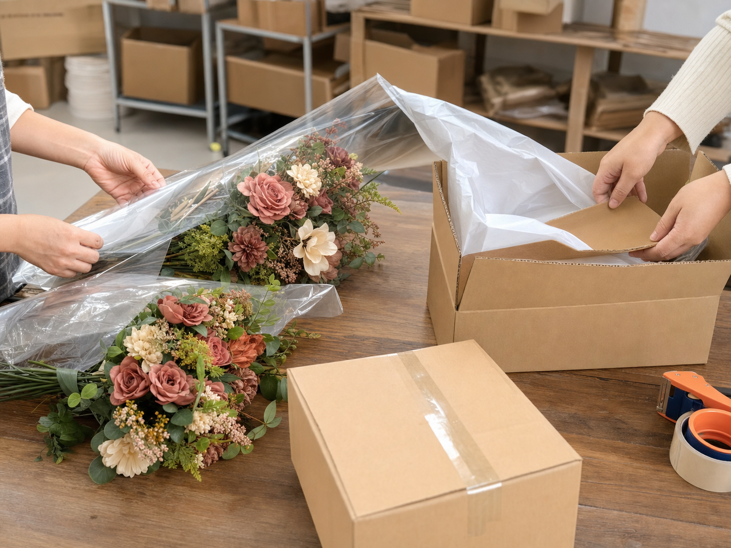 Artificial flower bouquets being protected and packed into export cartons