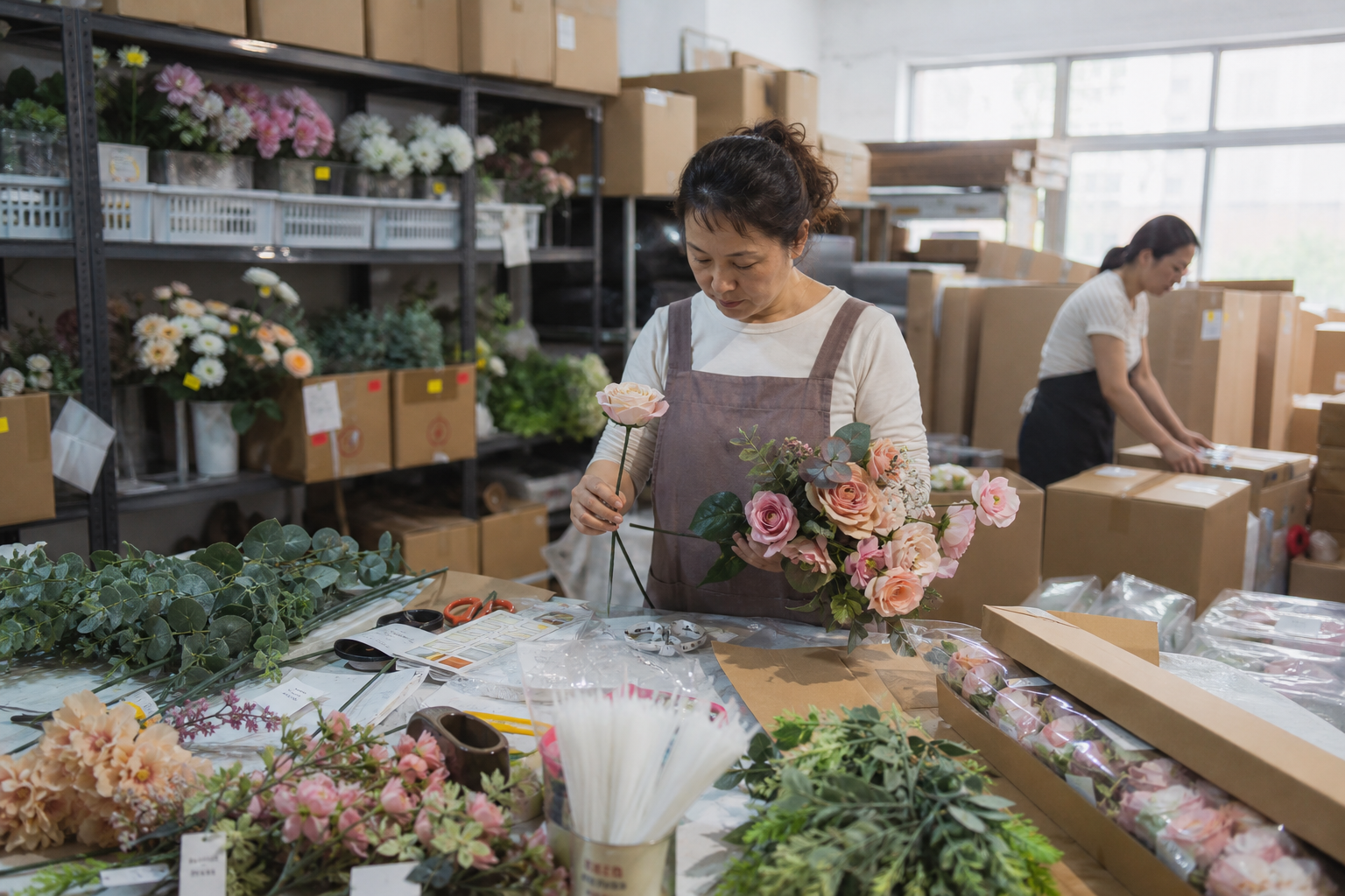 Chinese workers inspecting and packing custom artificial flower orders for wholesale delivery
