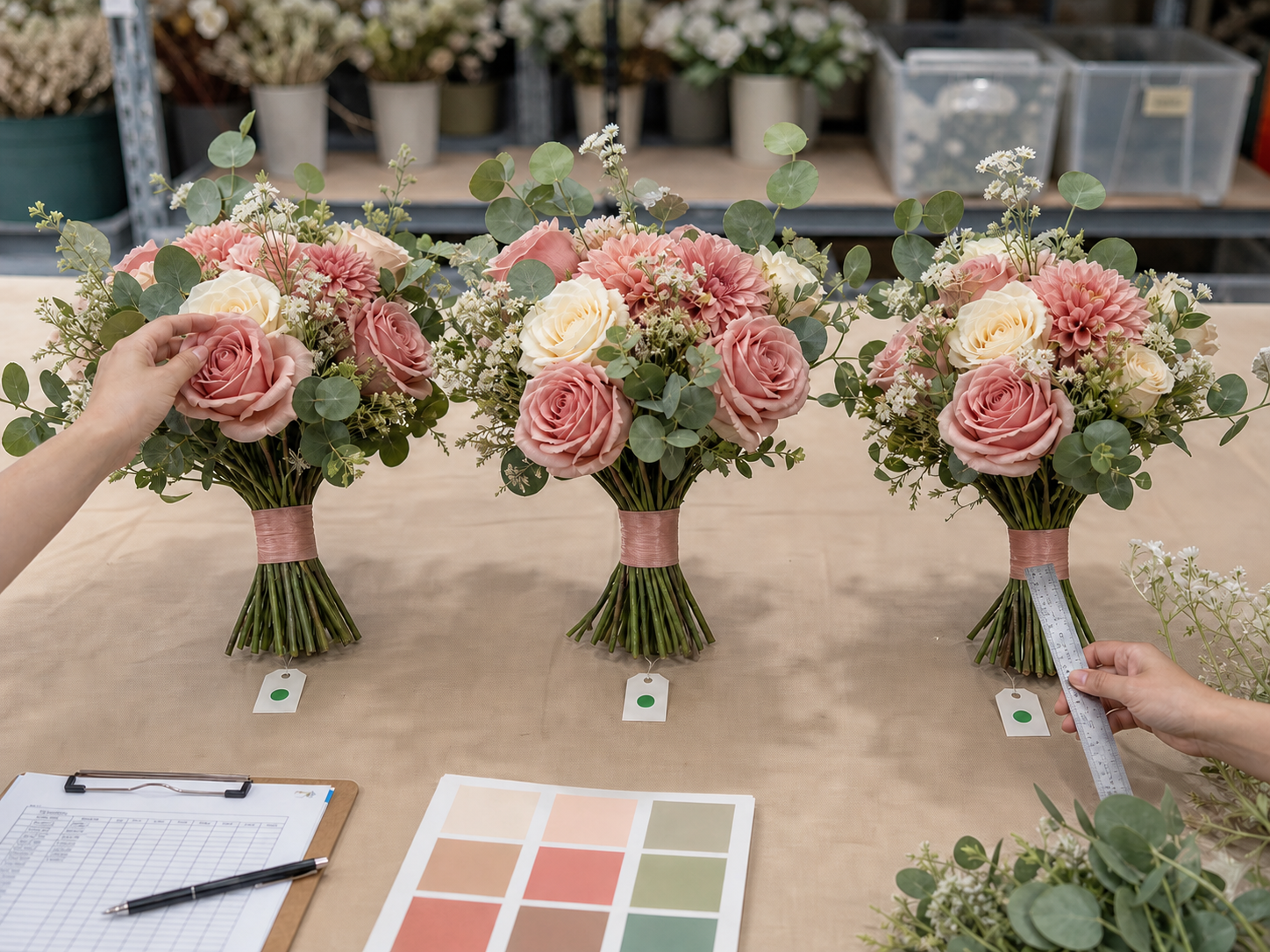 Finished artificial flower bouquets being checked for color, construction, and stem length