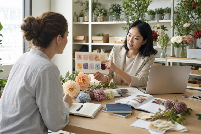 Chinese artificial flower supplier discussing OEM colors and samples with an overseas buyer