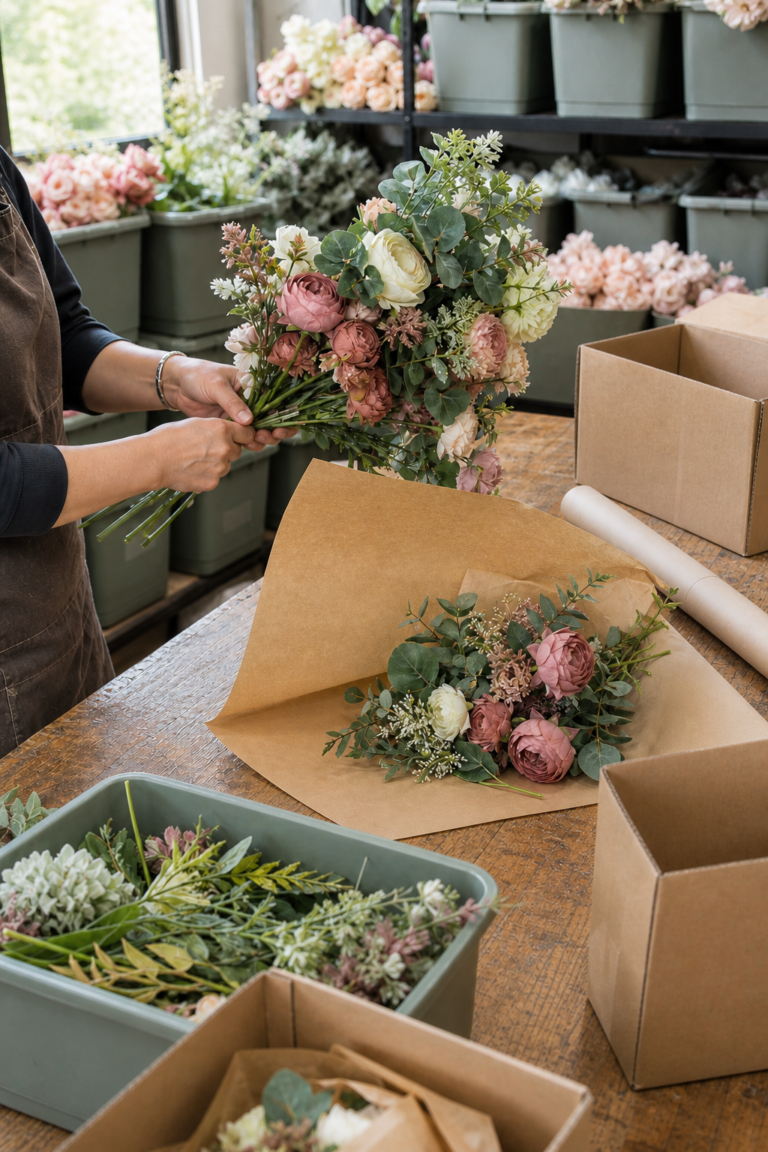 Artificial plant samples being inspected and prepared for packaging