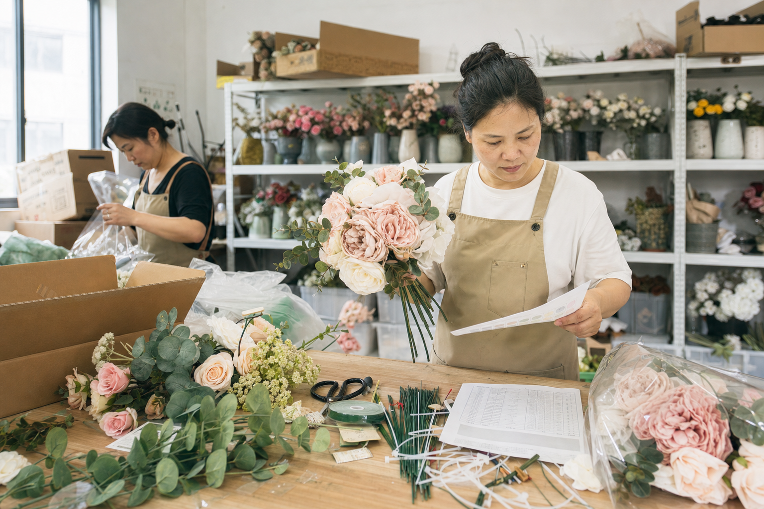 Chinese workers inspecting and packing custom artificial flower orders for wholesale delivery