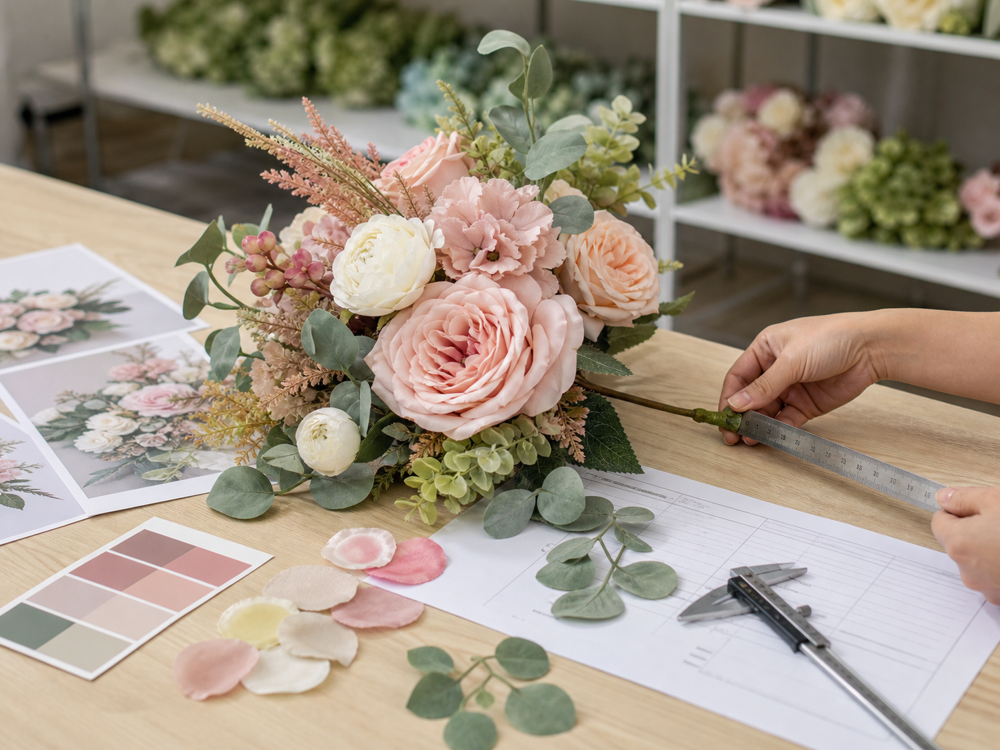 Custom artificial flower sample being measured and checked against color and product specifications