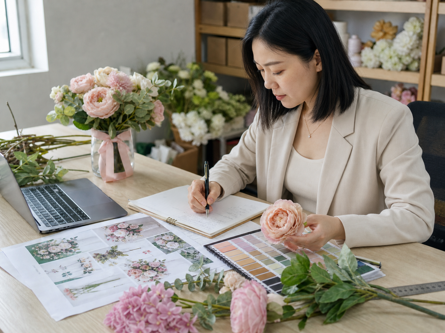 Chinese artificial flower supplier reviewing customer requirements, flower samples, and color options