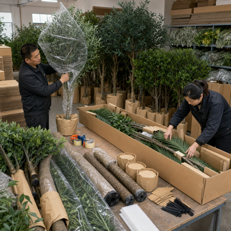 Finished artificial flowering trees arranged for batch quality inspection
