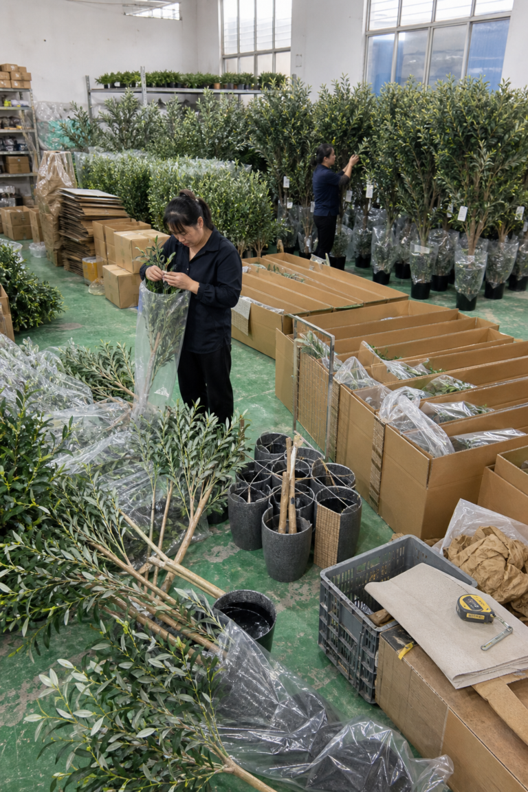 Artificial tree manufacturer preparing wholesale olive trees for protective packaging