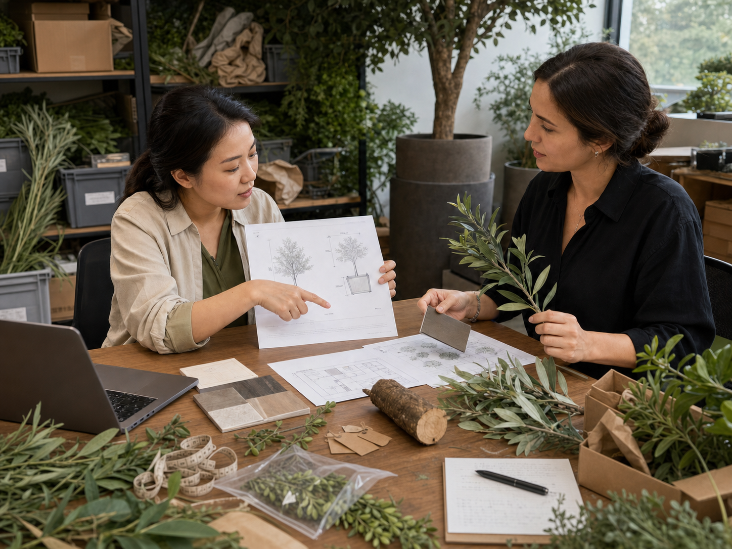 Artificial tree designer reviewing samples and project specifications with an international client