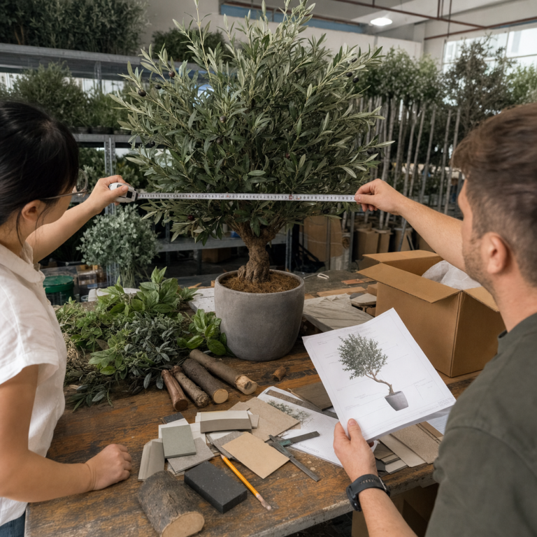 Artificial tree sample being measured and reviewed before approval