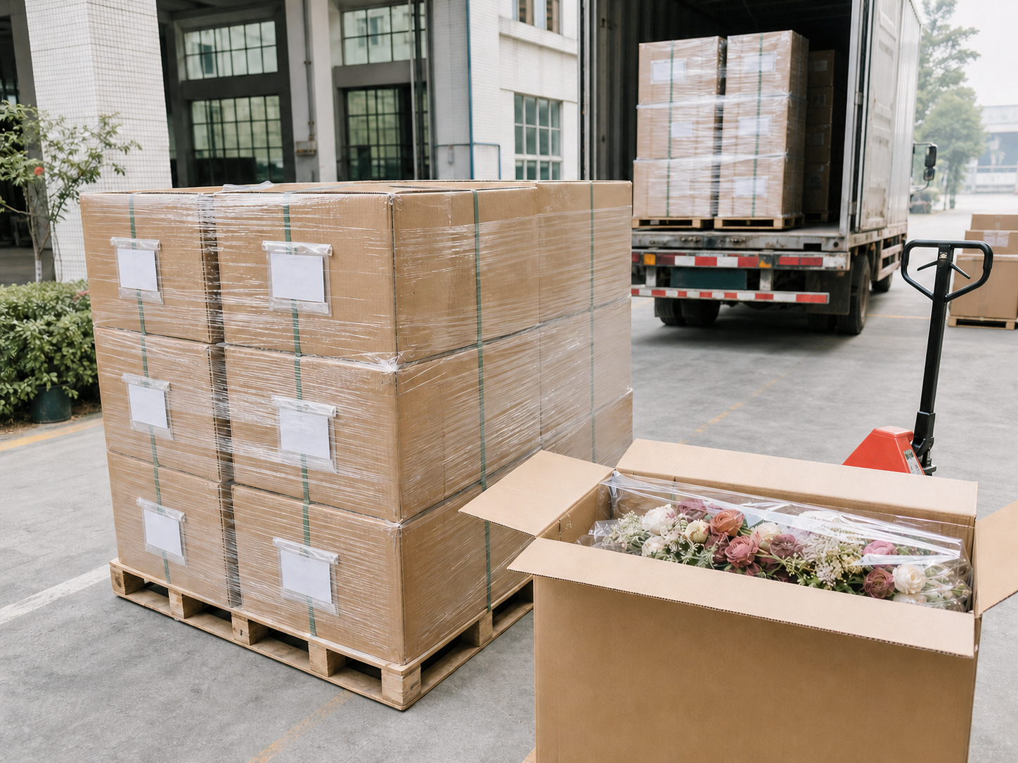 Palletized artificial flower orders prepared for loading and worldwide delivery