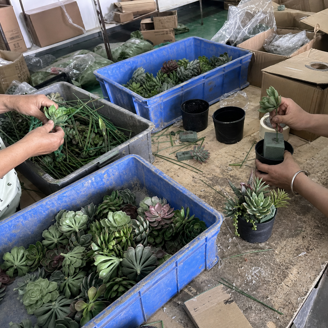 Workers assembling wholesale artificial succulent samples in a factory