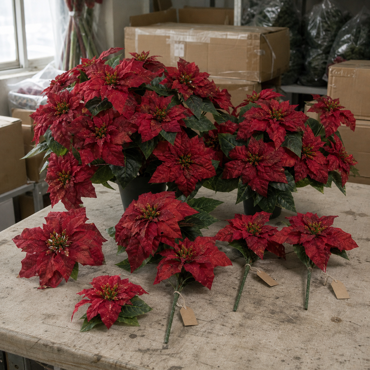 Wholesale red artificial poinsettia stems and bushes for Christmas displays