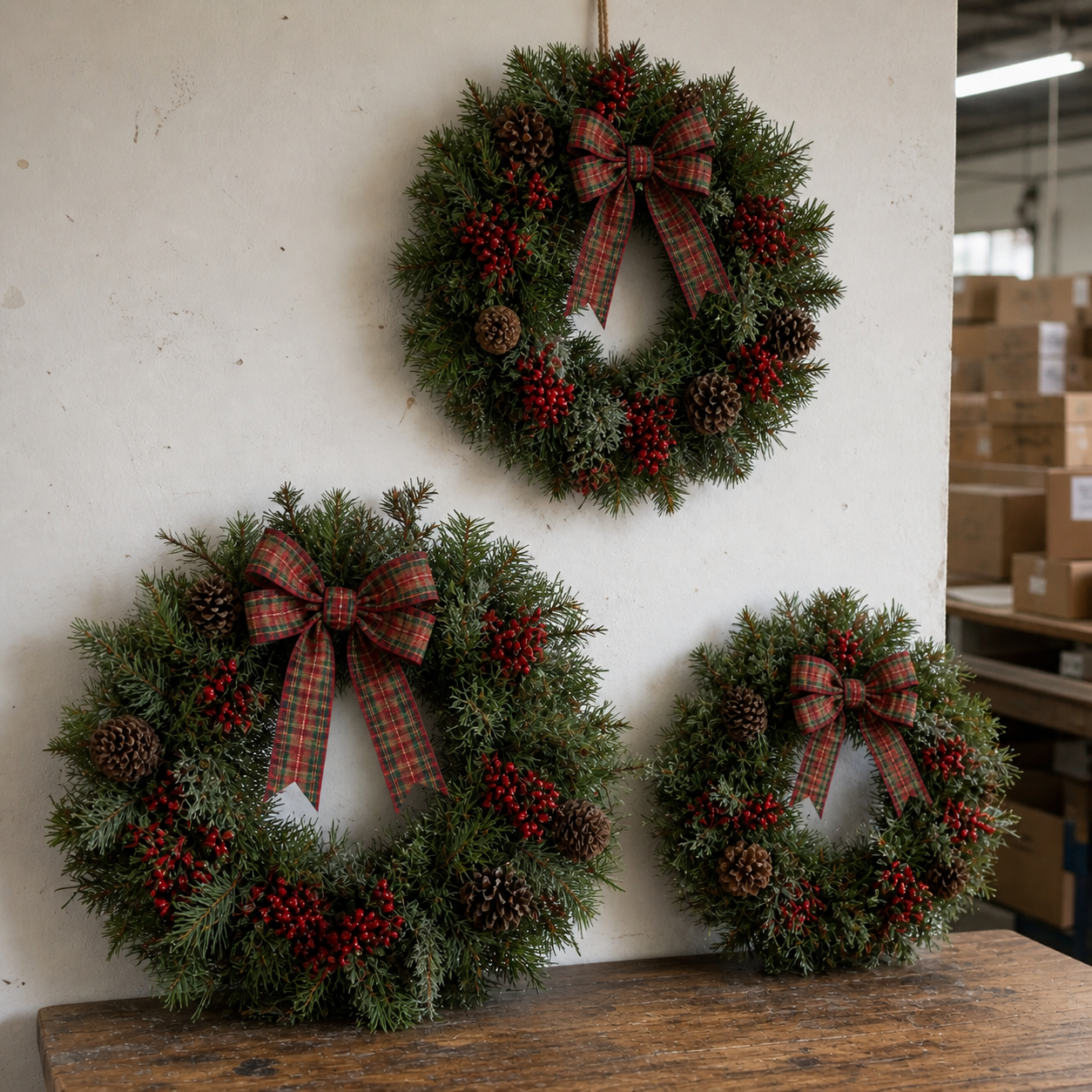 Artificial Christmas wreaths in multiple sizes with berries and pine cones