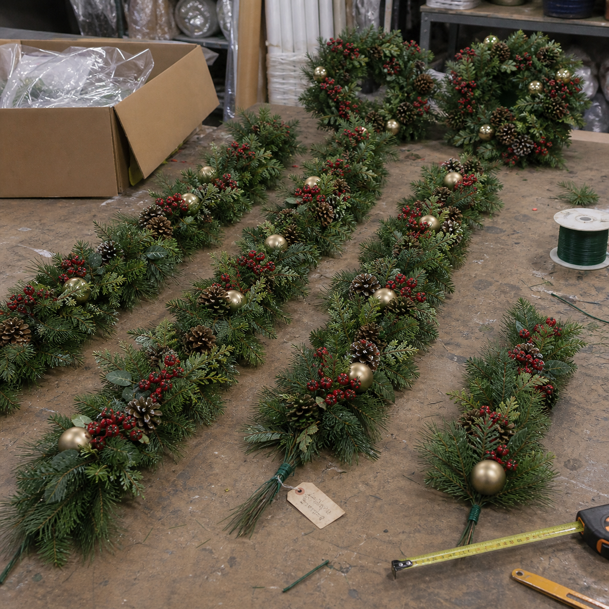 Wholesale artificial Christmas garlands with red berries and gold ornaments