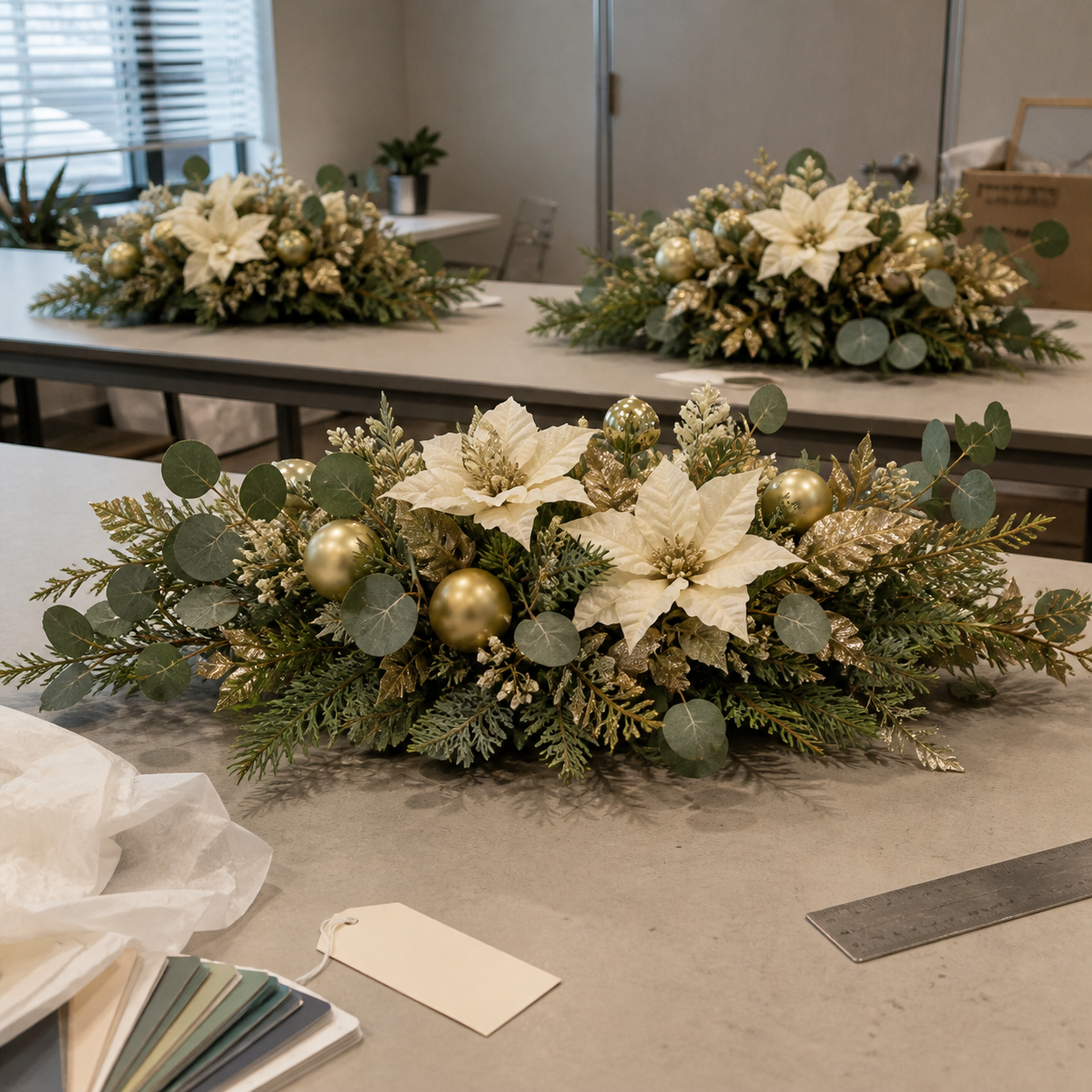 Ivory and gold artificial Christmas table centerpieces for hotels and events