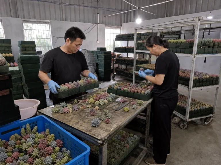 Multicolor artificial succulent heads drying in organized batches on factory racks