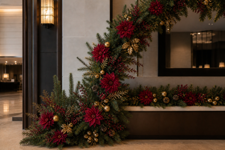 Custom artificial Christmas floral installation for commercial displays