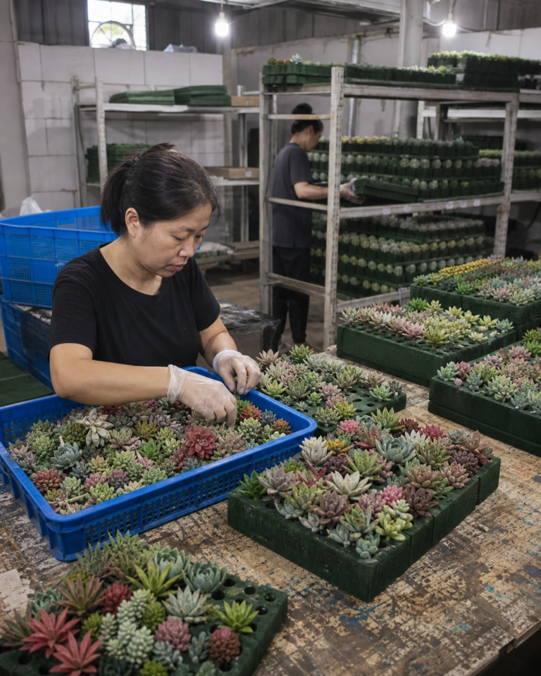 Worker sorting multicolor artificial succulent heads into reusable production trays
