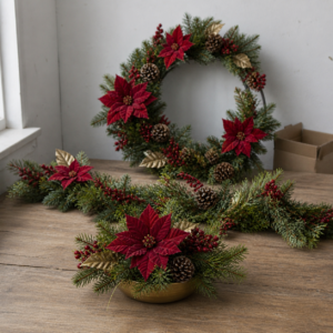 Wholesale artificial Christmas wreath and poinsettia arrangements