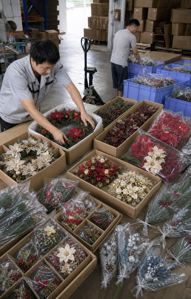 Chinese factory packing wholesale artificial Christmas wreaths, garlands, centerpieces and tree picks