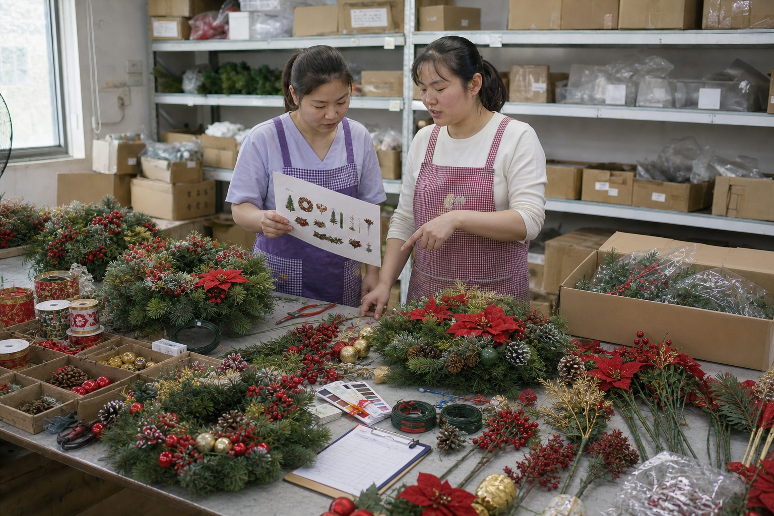 Chinese supplier reviewing wholesale artificial Christmas flower samples for a custom commercial project
