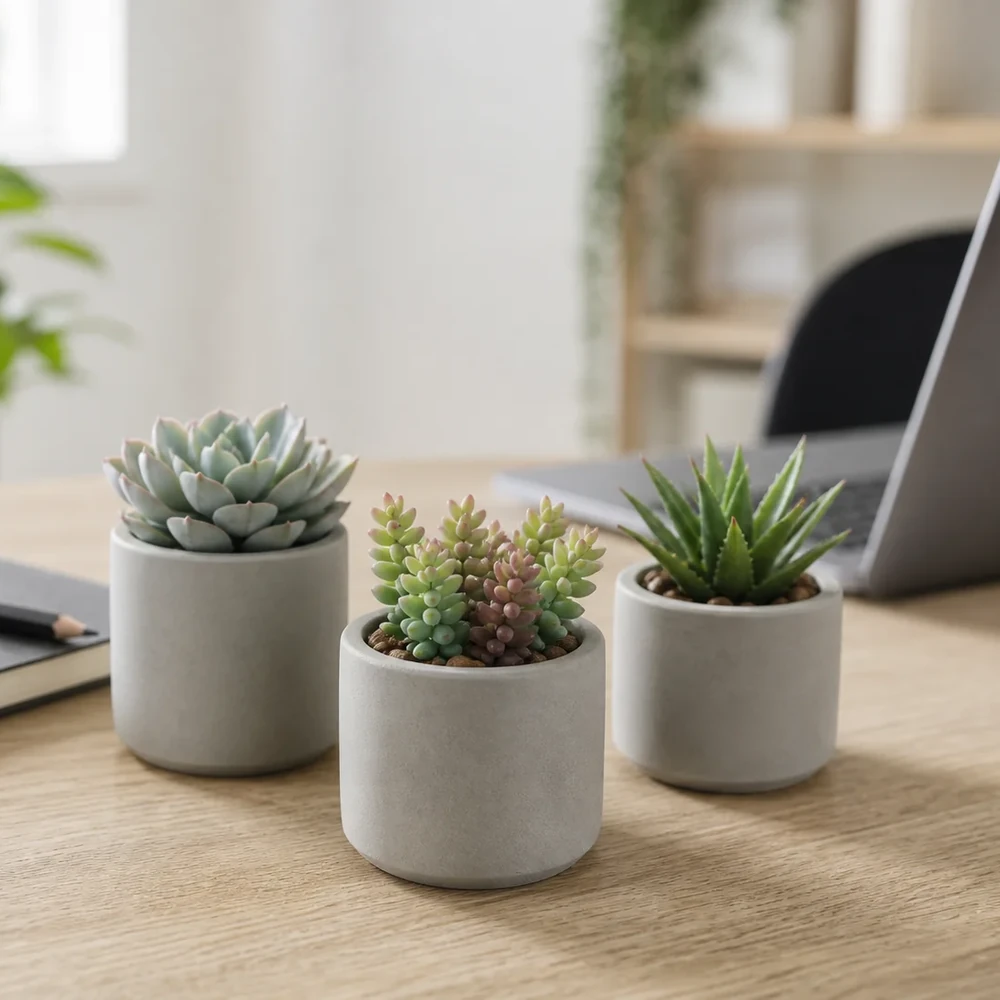 Mini artificial succulents in pots for a home office