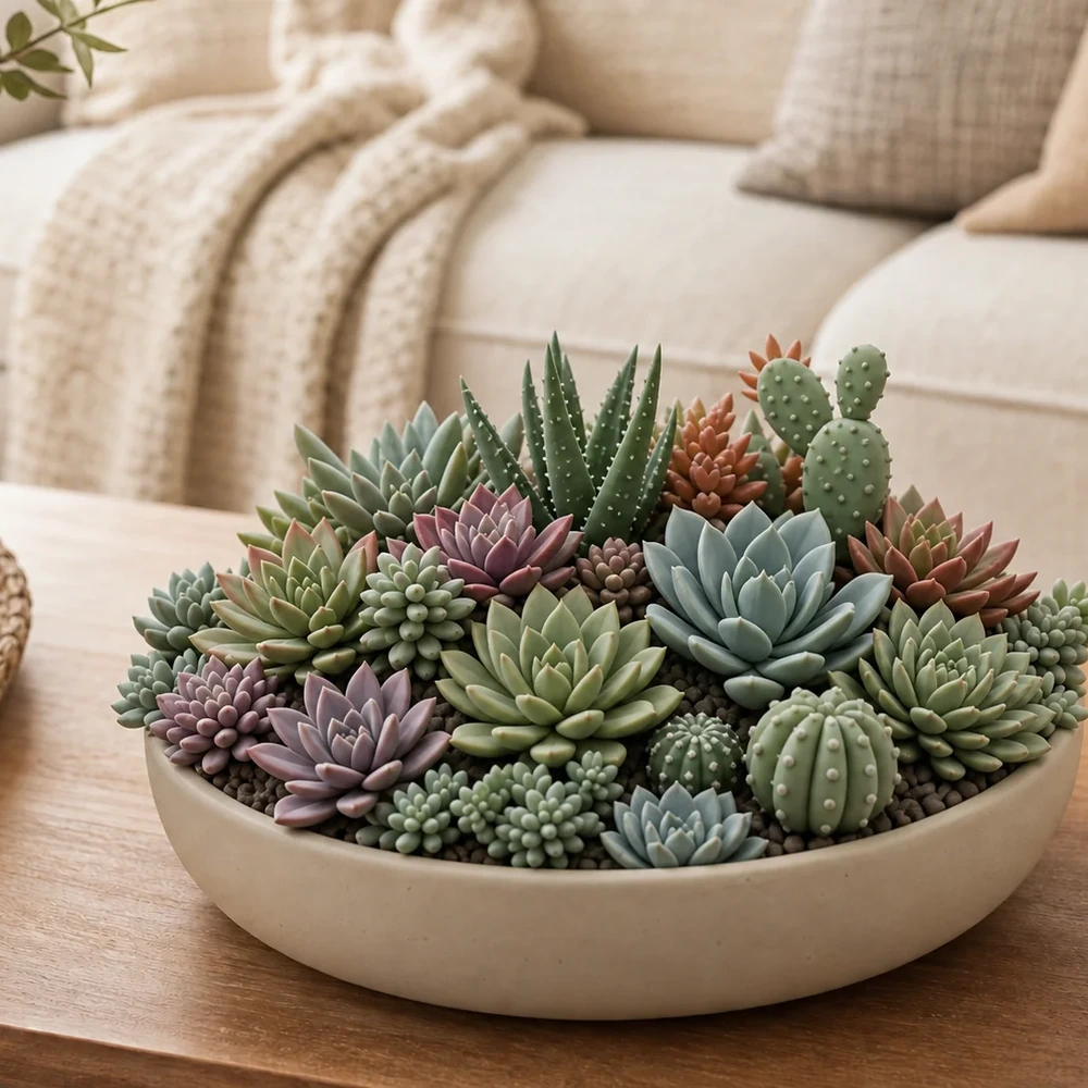 Artificial succulent bowl arrangement for a living room