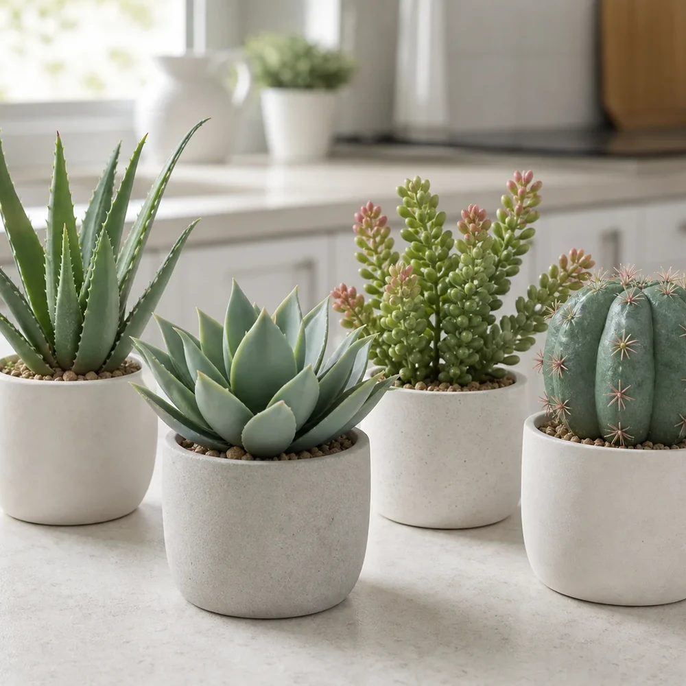 Assorted artificial succulents and cactus in white pots