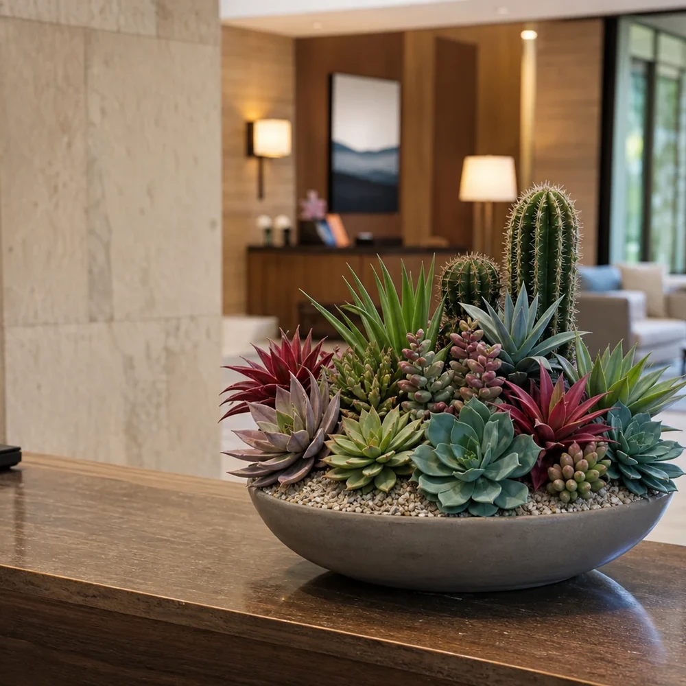 Artificial cactus and succulent arrangement for a hotel lobby