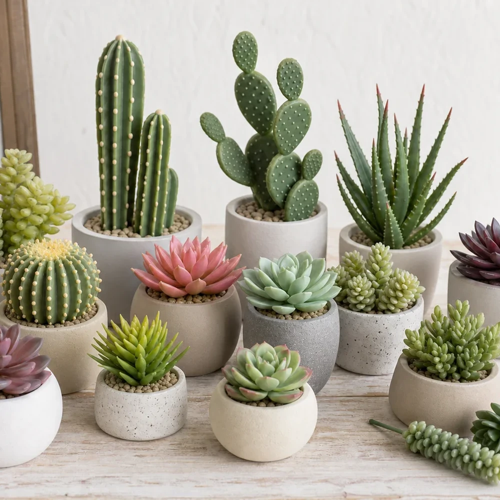 Artificial cactus and succulent assortment in decorative pots