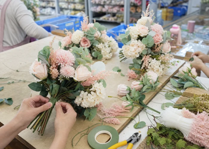 Artificial flower bouquets being assembled in bulk according to approved specifications