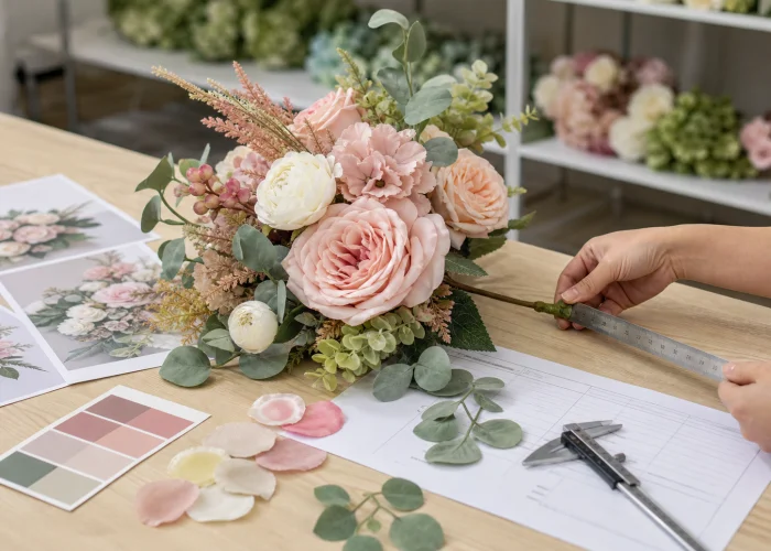 Custom artificial flower sample being measured and checked against color and product specifications